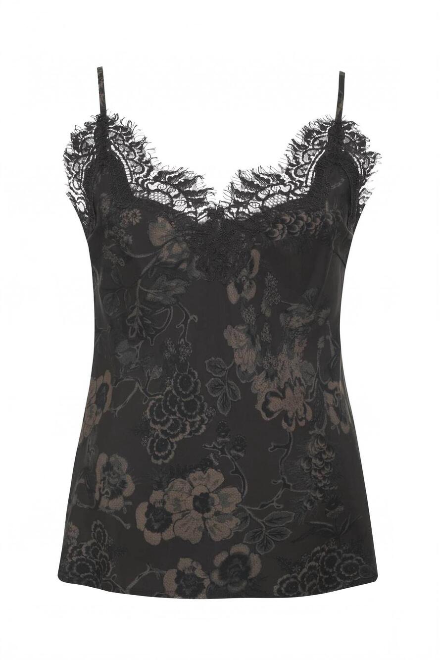 NEW GOLD HAWK women's lace trim silk camisole in grey botanical